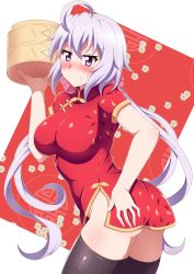 Rule 34 | 1girl, ahoge, ass, blush, breasts, china dress, chinese clothes, dress, eyebrows, highres, large breasts, looking at viewer, no panties, parted lips, purple eyes, senki zesshou symphogear, solo, sukeberosu, sweat, white hair, yukine chris