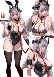 Rule 34 | 1girl, animal ears, arknights, bare shoulders, bdsm, black leotard, black thighhighs, breasts, cleavage, closed eyes, collar, collarbone, crossed arms, fake animal ears, feet out of frame, grey hair, highres, holding, holding leash, holding tray, horns, large breasts, leash, leotard, leotard pull, lips, long hair, looking at viewer, mudrock (arknights), nipples, playboy bunny, pointy ears, rabbit ears, red collar, red eyes, shinoda giri, slave, solo, standing, thighhighs, tray, twitter username, white background