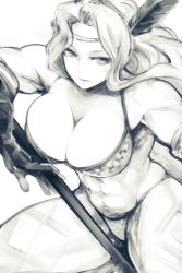 Rule 34 | 1girl, amazon (dragon&#039;s crown), breasts, circlet, cleavage, dragon&#039;s crown, feather hair ornament, feathers, greyscale, feather hair ornament, halberd, headband, large breasts, legs, long hair, monochrome, muscular, muscular female, panties, polearm, solo, spread legs, thighs, thong, underwear, vanillaware, weapon, yurikawa