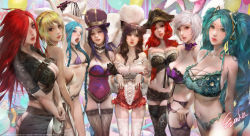 Rule 34 | 2018, ;p, absurdres, ahri (league of legends), alternate costume, animal ears, aqua bra, aqua hair, aqua panties, arms behind back, arms up, artist name, axe, belt, belt buckle, bicorne, bikini, black gloves, black hair, black legwear, black ribbon, black skirt, blonde hair, blue eyes, blue hair, bow, bra, braid, breasts, brown eyes, brown nails, buckle, bustier, caitlyn (league of legends), cat o&#039; nine tails, center opening, cleavage, crop top, cross-laced clothes, cuffs, dated, detached collar, dildo, dress, elementalist lux, evan lee, eyeshadow, facial mark, fingernails, flower ornament, fox ears, fox girl, fox tail, frilled bra, frilled panties, frills, garter belt, garter straps, gloves, gradient hair, green eyes, hair ornament, hair over one eye, hairband, hand on own chest, handcuffs, happy new year, hat, highres, holding, holding own arm, holding weapon, holding whip, jinx (league of legends), katarina (league of legends), lace, lace-trimmed bra, lace-trimmed legwear, lace legwear, lace trim, large breasts, league of legends, leather, legs together, leotard, light frown, lineup, lingerie, lipgloss, lipstick, long fingernails, long hair, looking at viewer, looking away, lux (league of legends), makeup, mascara, medium breasts, miniskirt, miss fortune (league of legends), multicolored bikini, multicolored clothes, multicolored hair, multiple girls, nail polish, navel, new year, o-ring, o-ring bottom, one eye closed, open mouth, orange eyes, panties, parted lips, pink lips, pout, pulling own clothes, purple background, purple eyes, purple hair, purple leotard, purple nails, purple panties, rabbit ears, realistic, red eyes, red hair, red lips, red nails, ribbon, riven (league of legends), scar, scar across eye, scar on face, sex toy, short dress, short hair, side slit, signature, skindentation, skirt, sleeveless, sleeveless dress, small breasts, smile, sona (league of legends), standing, strapless, strapless leotard, stretching, string panties, stuffed animal, stuffed rabbit, stuffed toy, swimsuit, tail, thigh gap, thighhighs, tongue, tongue out, top hat, twin braids, twintails, underwear, underwear only, very long hair, vibrator, watermark, weapon, web address, whip, whisker markings, white dress, white hair, white legwear