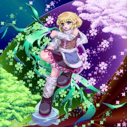Rule 34 | 1girl, arm warmers, blonde hair, cherry blossoms, flower, green eyes, kisasage kouta, leg warmers, mizuhashi parsee, open mouth, petals, pixel art, pointy ears, scarf, short hair, sleeveless, solo, touhou