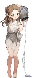Rule 34 | 1girl, bare legs, barefoot, brown hair, child, collarbone, flower, full body, green eyes, grin, highres, holding, holding vase, la source (reverse:1999), looking at viewer, money, official art, parted lips, pointy ears, reverse:1999, rope, short sleeves, smile, solo, standing, tachi-e, third-party source, transparent background, white flower, white tunic