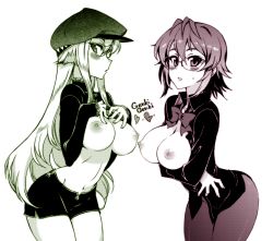 Rule 34 | 2girls, bad id, bad pixiv id, blush, bow, breasts, breasts out, cleavage, clothes lift, glasses, hat, heart, kusanagi tonbo, large breasts, limited palette, long hair, long sleeves, looking at viewer, monochrome, multiple girls, navel, neck ribbon, necktie, nipples, original, pantyhose, ribbon, shirt lift, short hair, short shorts, shorts, simple background, white background