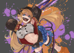 Rule 34 | 1girl, blonde hair, blue eyes, breasts, chainsaw, cleavage cutout, clothing cutout, draph, granblue fantasy, grin, hallessena, kneehighs, large breasts, long hair, looking at viewer, midriff, n9+, open mouth, pleated skirt, pointy ears, skirt, smile, socks, solo, teeth