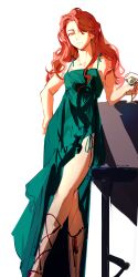 Rule 34 | 1girl, absurdres, bare arms, bare shoulders, bieyongbaowodebuwanmei, breasts, chinese commentary, cleavage, collarbone, commentary request, cup, dress, genderswap, genderswap (mtf), green dress, green eyes, helene sauron, highres, holding, holding cup, instrument, klein moretti, long hair, looking at viewer, lord of the mysteries, piano, red footwear, red hair, simple background, small breasts, smile, solo, white background