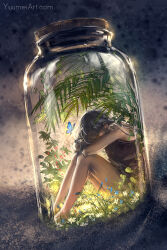 Rule 34 | 1girl, ashes, black hair, black tank top, blue flower, bottle, bug, butterfly, cork, crossed arms, flower, grass, highres, in bottle, in container, insect, leaf, original, sitting, tank top, yuumei