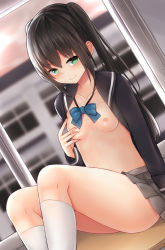 Rule 34 | 1girl, black hair, blue bow, blue bowtie, blurry, blush, bow, bowtie, breasts, depth of field, dutch angle, grabbing own breast, green eyes, kneehighs, long hair, looking at viewer, mizushina minato, nipples, original, school uniform, skirt, small breasts, smile, socks, solo, twintails, white socks