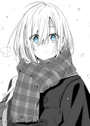 Rule 34 | 1girl, ahoge, bag, blue eyes, check commentary, coat, commentary request, eyes visible through hair, highres, holding, holding bag, looking at viewer, monochrome, original, plaid, plaid scarf, pov, scarf, shiime, snowing, solo, spot color, upper body, white background