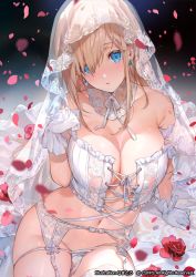 Rule 34 | 1girl, arm support, bare shoulders, blue eyes, blush, breasts, bridal lingerie, bridal veil, bride, bustier, choker, cleavage, collarbone, dress, earrings, frills, garter belt, gloves, head tilt, jewelry, large breasts, light brown hair, lingerie, long hair, looking at viewer, mimoza (96mimo414), navel, open mouth, original, panties, panties over garter belt, panty pull, petals, photoshop (medium), sidelocks, sitting, solo, stomach, thighs, third-party edit, underwear, veil, white gloves, white panties
