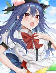Rule 34 | 1girl, absurdres, back bow, bad id, bad pixiv id, black hat, blue bow, blue hair, blue skirt, blue sky, blush, bow, bowtie, breasts, buttons, cloud, cloudy sky, collared shirt, commentary request, eyes visible through hair, flua (fee de la), food, frills, fruit, hair between eyes, hand on own chest, hand on own hip, hand up, hat, highres, hinanawi tenshi, leaf, long hair, looking at viewer, medium breasts, open mouth, peach, puffy short sleeves, puffy sleeves, rainbow, red bow, red bowtie, red eyes, shirt, short sleeves, skirt, sky, smile, solo, touhou, white shirt