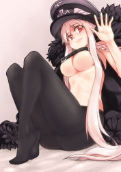 Rule 34 | 1girl, ass, belt bra, black pantyhose, breasts, cleavage, commentary request, feet, from below, girls&#039; frontline, highres, kar98k (girls&#039; frontline), large breasts, long hair, looking at viewer, no shoes, pantyhose, sidelocks, solo, tiptoes, toes, underboob, white hair, yamauchi (conan-comy)