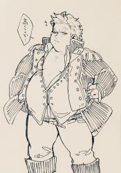 Rule 34 | 1boy, alternate costume, collar, cosplay, epaulettes, fat, fat man, fate/grand order, fate (series), fringe trim, greyscale, hand on own hip, highres, jacket, gaius julius caesar (fate), koryuu (gackter10), long sideburns, long sleeves, looking at viewer, pectoral cleavage, male focus, military, military uniform, monochrome, napoleon bonaparte (fate), napoleon bonaparte (fate) (cosplay), open clothes, open jacket, open shirt, pectorals, sideburns, sketch, tight clothes, translation request, unbuttoned, uniform