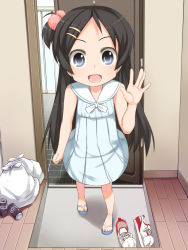 Rule 34 | 1girl, :d, bare shoulders, black hair, blue eyes, child, dress, flip-flops, from above, hair ornament, hairclip, highres, kana (shouji ayumu), long hair, looking at viewer, looking up, open mouth, original, ponytail, sandals, shouji ayumu, side ponytail, smile, solo, standing, waving, aged down