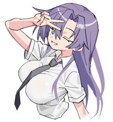 Rule 34 | 1girl, breasts, collared shirt, goshiki agiri, kill me baby, large breasts, long hair, looking at viewer, matuo3232, necktie, one eye closed, purple eyes, purple hair, shirt, simple background, smile, solo, upper body, v, white background