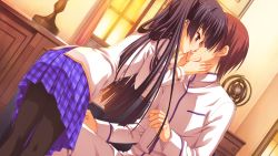 Rule 34 | 1boy, 1girl, black hair, black pantyhose, blue skirt, brown hair, from side, game cg, hands on another&#039;s cheeks, hands on another&#039;s face, hetero, indoors, kiss, kobuichi, long hair, masamune shizuru, noble works, pantyhose, profile, red eyes, skirt