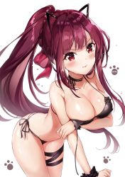 Rule 34 | 1girl, alternate costume, alternate hairstyle, artist name, ass, bikini, black bikini, black ribbon, blush, braid, breasts, cleavage, closed mouth, collarbone, commentary, covered erect nipples, crown braid, embarrassed, floating hair, girls&#039; frontline, hair ribbon, halterneck, large breasts, leaning forward, long hair, looking at viewer, narae, neck ribbon, paw print, ponytail, purple hair, red eyes, red ribbon, ribbon, scrunchie, shiny skin, side-tie bikini bottom, sidelocks, simple background, skindentation, solo, stomach, swimsuit, tearing up, thigh strap, thighs, tsurime, untied bikini, untied bikini top, very long hair, wa2000 (girls&#039; frontline), wardrobe malfunction, white background, wrist scrunchie