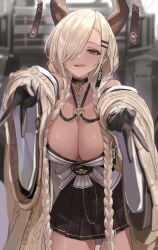 Rule 34 | 1girl, azur lane, black gloves, blonde hair, breasts, choker, cleavage, double v, earrings, gloves, gyaru v, highres, horns, jewelry, large breasts, licking lips, long hair, looking at viewer, mole, mole under mouth, nima (niru54), one eye covered, open mouth, owari (azur lane), skirt, sweater, tongue, tongue out, v, very long hair, yellow eyes