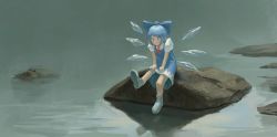 Rule 34 | 1girl, blue eyes, blue hair, blurry, blush, bow, cirno, depth of field, dress, faux traditional media, fjsmu, fog, frown, hair bow, highres, ice, ice wings, lake, neck ribbon, outdoors, ribbon, rock, shadow, shoes, short hair, sitting, solo, touhou, water, wings