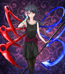 Rule 34 | 1girl, ahoge, armpits, asakura beria, asymmetrical wings, bare arms, black dress, black hair, cross, dress, hand in own hair, hand on own head, highres, houjuu nue, jewelry, looking at viewer, multicolored background, necklace, pantyhose, patterned background, polearm, red eyes, sash, short hair, smile, snake, solo, touhou, trident, weapon, wings