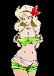 Rule 34 | 1girl, bare arms, bare legs, blonde hair, breasts, curly hair, dragon ball, dragon ball (classic), eyelashes, green eyes, hair ribbon, highres, holding, long hair, lunch (dragon ball), medium breasts, navel, nipples, pussy, red ribbon, ribbon, short shorts, shorts, simple background, solo, standing, tank top, undressing, v-shaped eyebrows, ydraw4fun