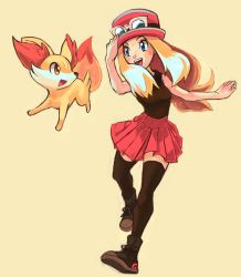Rule 34 | 1girl, :d, ankle boots, bare arms, bare shoulders, black footwear, black shirt, black thighhighs, blonde hair, blue eyes, blush, boots, breasts, creatures (company), eyebrows, eyelashes, eyewear on head, fennekin, fox, full body, game freak, gen 6 pokemon, hand on headwear, hand up, hat, high-waist skirt, highres, ikki (degutaro ), long hair, looking at another, miniskirt, nintendo, open mouth, pink hat, pink skirt, pleated skirt, poke ball theme, pokemon, pokemon (creature), pokemon xy, serena (pokemon), shirt, simple background, skirt, sleeveless, sleeveless shirt, small breasts, smile, sunglasses, teeth, thighhighs, tongue, yellow background, zettai ryouiki