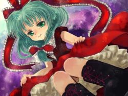 Rule 34 | 1girl, bad id, bad pixiv id, biyon, boots, bow, clothes lift, cross-laced footwear, dress, dress lift, female focus, frills, front ponytail, gradient background, green eyes, green hair, hair bow, kagiyama hina, lace-up boots, matching hair/eyes, petticoat, ribbon, smile, solo, touhou