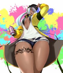 Rule 34 | 1girl, absurdres, anagumasan, baseball cap, blue hair, breasts, choker, cleavage, dark-skinned female, dark skin, earrings, green eyes, hat, highres, isla (kof), jacket, jewelry, leg tattoo, light blue hair, long hair, looking at viewer, mask, mask around neck, multicolored hair, open mouth, oversized clothes, paint, ponytail, respirator, solo, tattoo, the king of fighters, the king of fighters xv, thighs