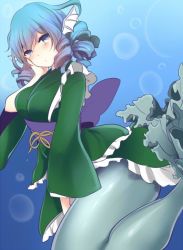Rule 34 | 1girl, blue eyes, blue hair, bubble, drill hair, fins, fish tail, head fins, japanese clothes, kimono, matching hair/eyes, mermaid, monster girl, rimu (kingyo origin), solo, tail, touhou, underwater, wakasagihime, wide sleeves