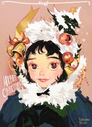 Rule 34 | 1girl, bell, black hair, candy, candy cane, christmas, christmas ornaments, christmas tree, coida, colored eyelashes, food, fur, gloves, lips, looking at viewer, merry christmas, original, parted lips, ribbon, smile, solo, star (symbol), upper body