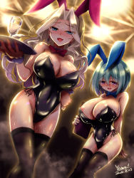 Rule 34 | 2girls, :d, animal ears, areola slip, arm behind back, artist name, bare arms, bare shoulders, black leotard, black thighhighs, blonde hair, blue eyes, blush, breasts, ceiling light, cleavage, commentary, covered navel, crossed legs, cup, dated, dot nose, embarrassed, fake animal ears, forehead, gloves, green hair, groin, highres, holding, holding tray, huge breasts, large breasts, legs together, leotard, long hair, looking at viewer, multiple girls, nose blush, open mouth, original, parted bangs, playboy bunny, purple eyes, red gloves, shiny clothes, shiny skin, short hair, side-tie leotard, smile, standing, steam, strapless, strapless leotard, sweat, thighhighs, tray, yamu (reverse noise)