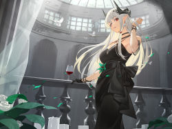 Rule 34 | 1girl, alcohol, arknights, artist name, black choker, black dress, black gloves, bracelet, breasts, choker, cleavage, commentary, cup, curtains, detached sleeves, dress, drinking glass, earrings, feet out of frame, flower, gloves, green flower, hair ornament, highres, horns, indoors, jewelry, large breasts, long hair, mudrock (arknights), mudrock (obsidian) (arknights), necklace, official alternate costume, parted lips, petals, pointy ears, railing, red eyes, rose, short sleeves, single glove, solo, standing, very long hair, weibo watermark, white flower, white hair, white rose, wine, wine glass, ziyiganmu