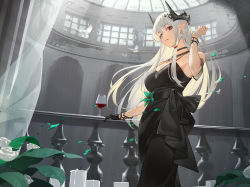 1girl alcohol arknights artist_name black_choker black_dress black_gloves bracelet breasts choker cleavage commentary cup curtains detached_sleeves dress drinking_glass earrings feet_out_of_frame flower gloves green_flower hair_ornament highres horns indoors jewelry large_breasts long_hair mudrock_(arknights) mudrock_(obsidian)_(arknights) necklace official_alternate_costume parted_lips petals pointy_ears railing red_eyes rose short_sleeves single_glove solo standing very_long_hair weibo_watermark white_flower white_hair white_rose wine wine_glass ziyiganmu