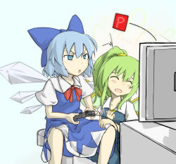 Rule 34 | 2girls, araco, blue dress, blue eyes, blue hair, blush, bow, cirno, computer, controller, daiyousei, dress, closed eyes, frown, game controller, green hair, hair bow, multiple girls, open mouth, playing games, ponytail, power-up, short hair, sitting, smile, touhou, wings, yousei daisensou