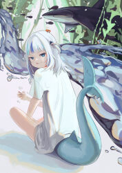 Rule 34 | 1girl, :q, absurdres, animal, besi (besidoesart), blue eyes, blue hair, closed mouth, commentary request, ebi-chan (gawr gura), fins, fish tail, from behind, gawr gura, grey hair, hair ornament, highres, hololive, hololive english, long hair, looking at viewer, looking back, multicolored hair, shark, shark girl, shark hair ornament, shark tail, shirt, short sleeves, sitting, smile, solo, streaked hair, tail, tongue, tongue out, two side up, virtual youtuber, water, white shirt