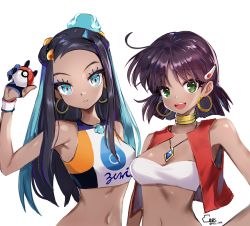 Rule 34 | ankkoyom, bad id, bad pixiv id, bandeau, bare shoulders, blue eyes, blue hair, bob cut, breasts, cleavage, commentary request, creatures (company), crossover, dark-skinned female, dark skin, earrings, fushigi no umi no nadia, game freak, gloves, green eyes, gym leader, hair ornament, hairclip, highres, hoop earrings, jewelry, long hair, looking at viewer, midriff, multicolored hair, multiple girls, nadia la arwall, navel, neck ring, necklace, nessa (pokemon), nintendo, open mouth, poke ball, poke ball (basic), pokemon, pokemon swsh, purple hair, short hair, simple background, smile, strapless, tube top, vest, white background