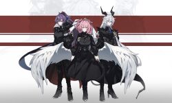 3girls angel_wings black_dress black_footwear black_horns black_jacket black_pants blue_eyes boots breasts commentary_request dress falkenhayn_mercenary_leader_(zenless_zone_zero) high_heel_boots high_heels highres horns jacket large_breasts long_hair multiple_girls pants pink_hair ponytail purple_eyes purple_hair shiying_no_yao short_hair sunbringer_(zenless_zone_zero) two-tone_background vike_(zenless_zone_zero) white_hair wings yellow_eyes zenless_zone_zero