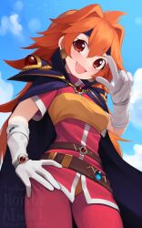 Rule 34 | 1girl, :d, belt, blue sky, blush, breasts, brown belt, cloak, cloud, commentary, day, fang, gloves, hair between eyes, hair intakes, hand on own hip, hand up, highres, lina inverse, long hair, looking at viewer, open mouth, orange hair, outdoors, pants, purple cloak, red eyes, red pants, red shirt, shirt, short sleeves, sky, slayers, small breasts, smile, solo, v, very long hair, watermark, white gloves, yoako