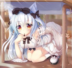 Rule 34 | 1girl, absurdres, alternate costume, animal ears, azur lane, bad id, bad pixiv id, blush, breasts, casual, cat ears, classroom, detached sleeves, finger to mouth, hair ribbon, highres, kneeling, long hair, looking at viewer, medium breasts, mitsuhamochi, ribbon, school, shoes, silver hair, solo, under table, yellow eyes, yukikaze (azur lane), yukikaze (sovereign of the swing) (azur lane)