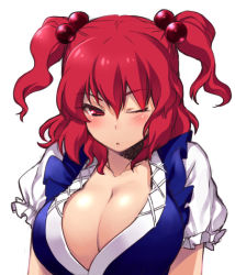 Rule 34 | 1girl, bad id, bad pixiv id, breasts, cleavage, female focus, hair bobbles, hair ornament, hizuki akira, large breasts, one eye closed, onozuka komachi, red eyes, red hair, simple background, solo, touhou, tsurime, twintails, two side up, upper body, white background, wink
