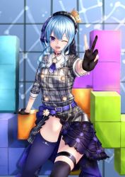 Rule 34 | 1girl, beret, block (object), blue eyes, blue hair, commentary request, grey hat, hair ornament, hat, highres, hololive, hoshimachi suisei, hoshimachi suisei (1st costume), leg up, looking at viewer, medium hair, one eye closed, open mouth, side ponytail, sitting, solo, tetris, thighhighs, v, virtual youtuber