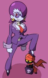 Rule 34 | 1girl, alternate costume, ascot, bad id, bad pixiv id, bespectacled, blue skin, breasts, business suit, colored skin, earrings, formal, glasses, grin, high heels, hoop earrings, jewelry, large breasts, lipstick, makeup, pant suit, pants, purple hair, purple lips, red eyes, risky boots, shantae (series), shenanimation, short hair, smile, solo focus, stepped on, suit, sweatdrop, tinkerbat, wrist cuffs