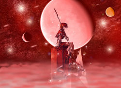 Rule 34 | 1girl, crescent moon, dragoon, dragoon (final fantasy), final fantasy, full moon, highres, moon, planet, red hair, red moon, sitting, sky, solo, space, trite, wallpaper, weapon