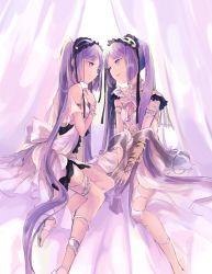 Rule 34 | 2girls, absurdly long hair, armlet, bed, bracelet, choker, dress, euryale (fate), euryale (third ascension) (fate), fate/apocrypha, fate/grand order, fate (series), hairband, highres, jewelry, long hair, mitu-yuki, multiple girls, on bed, open mouth, purple eyes, purple hair, ring, siblings, sisters, sitting, stheno (fate), stheno (third ascension) (fate), tongue, twins, twintails, very long hair