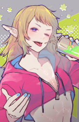 Rule 34 | 1boy, blonde hair, blue nails, crazy straw, crop top, drinking straw, dungeon meshi, elf, highres, hood, hoodie, jack (haist), long hair, lycion, nail polish, notched ear, one eye closed, pointy ears, purple eyes, red hoodie, soda, tattoo, tongue, tongue out