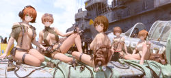 Rule 34 | 5girls, aircraft, airplane, alcohol, arm support, bandaid, bandaid on breast, bandaid on thigh, bandeau, beer, beer bottle, beer can, belt, bikini, black bikini, black gloves, breasts, brown eyes, brown hair, bucket, can, card, cleavage, crushed can, drink can, earmuffs, eyewear on head, fingerless gloves, gloves, green eyes, gun sling, hair between eyes, helmet, highres, holding, holding can, hose, ice, ice cube, jacket, knee up, large breasts, leaning to the side, leather, leather jacket, leg belt, looking at viewer, looking back, maocha, medium breasts, medium hair, micro bikini, military, multiple girls, navel, original, outdoors, panties, playing card, ship, short hair, sideboob, sitting, slingshot swimsuit, smile, sunglasses, swimsuit, underboob, underwear, watercraft, white panties, wrench, yellow eyes, yokozuwari