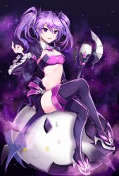 Rule 34 | 1girl, :3, aisha landar, angkor (elsword), bandeau, boots, breasts, creature, crossed legs, elsword, full body, hamericano, high heel boots, high heels, highres, looking at viewer, miniskirt, purple background, purple eyes, purple footwear, purple hair, purple skirt, purple theme, purple thighhighs, short hair, sitting, sitting on person, skirt, small breasts, smile, staff, sweat, thigh boots, thighhighs, twintails, void princess (elsword)