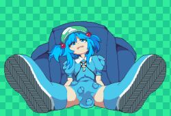 1girl backpack bag blue_eyes blue_footwear blue_hair boots checkered_background commentary foreshortening green_background kawashiro_nitori key looking_at_viewer open_mouth pixel_art pocket rubber_boots short_hair short_sleeves sitting solo touhou two_side_up yado_taityou