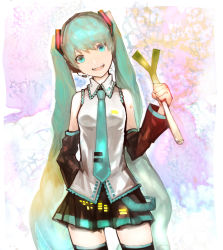 Rule 34 | 1girl, abstract background, aqua eyes, aqua hair, bad id, bad pixiv id, black thighhighs, cowboy shot, detached sleeves, hand on own hip, hatsune miku, head tilt, headset, holding, long hair, looking at viewer, microphone, mokotan, necktie, open mouth, pleated skirt, skirt, sleeveless, smile, solo, spring onion, tattoo, thighhighs, very long hair, vocaloid, zettai ryouiki