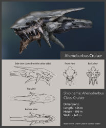 Rule 34 | border, character sheet, commentary, concept art, cruiser (eve online), english text, eve online, from side, grey border, heliofob, highres, military vehicle, multiple views, no humans, original, science fiction, spacecraft, thrusters, vehicle focus