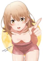 Rule 34 | 1girl, absurdres, arm behind back, bare shoulders, blonde hair, blush, breasts, breasts apart, collarbone, cowboy shot, downblouse, dress, happy birthday, highres, isshiki iroha, jksfs, leaning forward, looking at viewer, medium hair, open mouth, pink dress, pointing, pointing at viewer, reaching, reaching towards viewer, short dress, sleeveless, sleeveless dress, small breasts, solo, strapless, strapless dress, v-shaped eyebrows, yahari ore no seishun lovecome wa machigatteiru., yellow eyes